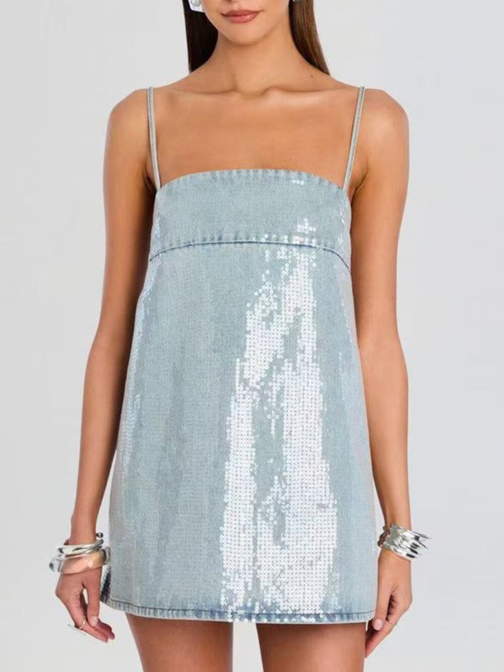 BEST Retrofête Nadiya Denim Mini Dress Small/Medium Coastline Blue Sequin